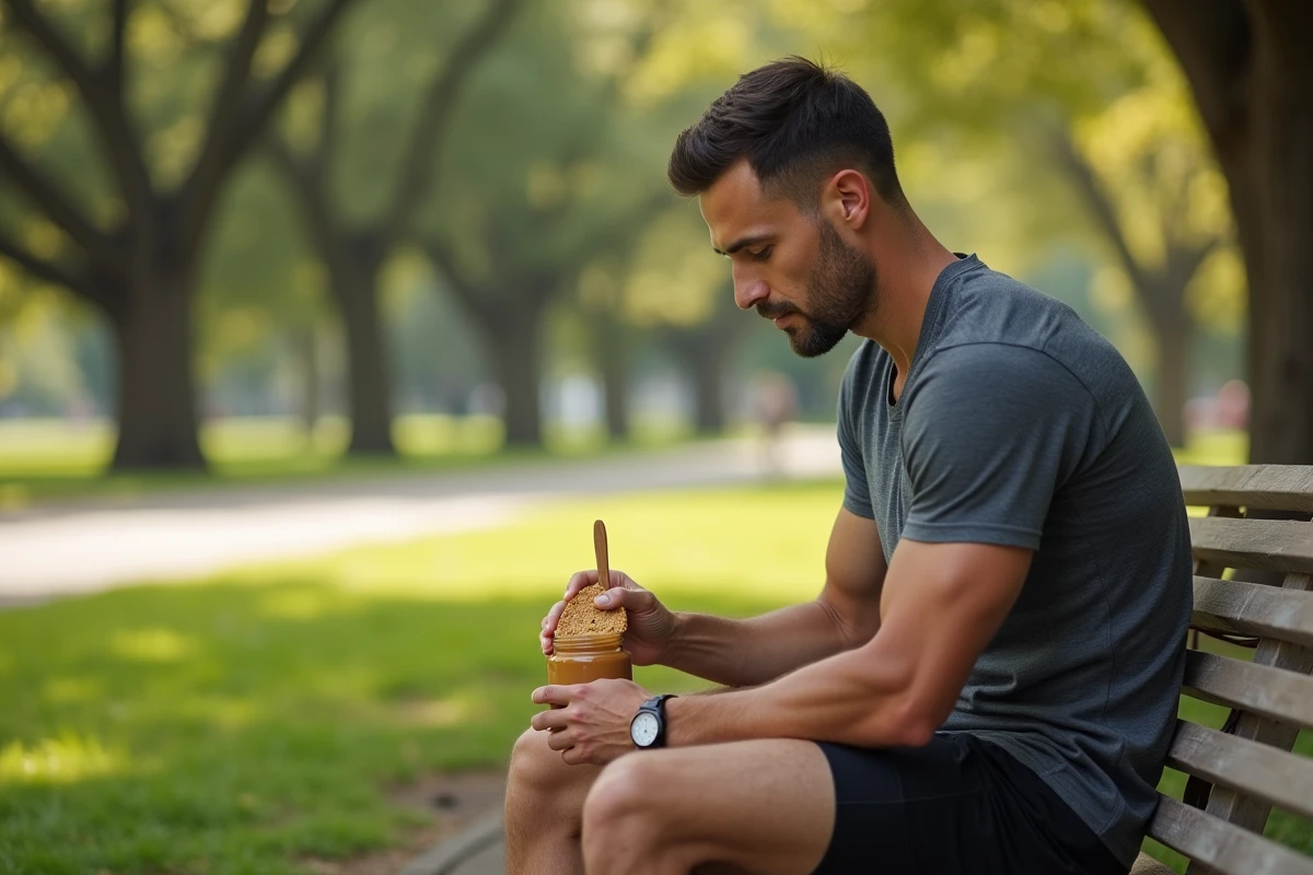 Coureur d'endurance mangeant du beurre de cacahuète après un entraînement dans un parc