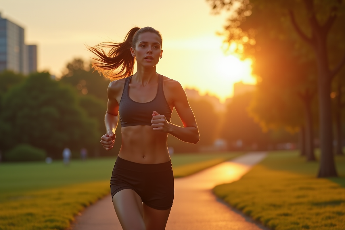Femme sportive courant dans un parc au lever du soleil