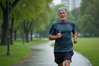 Homme d'âge moyen courant dans un parc urbain verdoyant