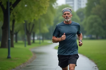 Homme d'&acirc;ge moyen courant dans un parc urbain verdoyant