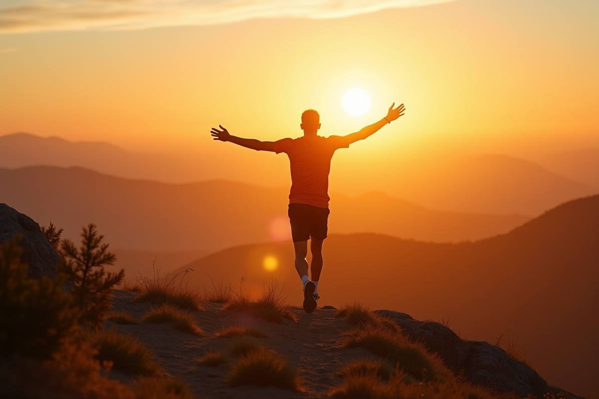 Coureur sur une colline au lever du soleil avec paysage