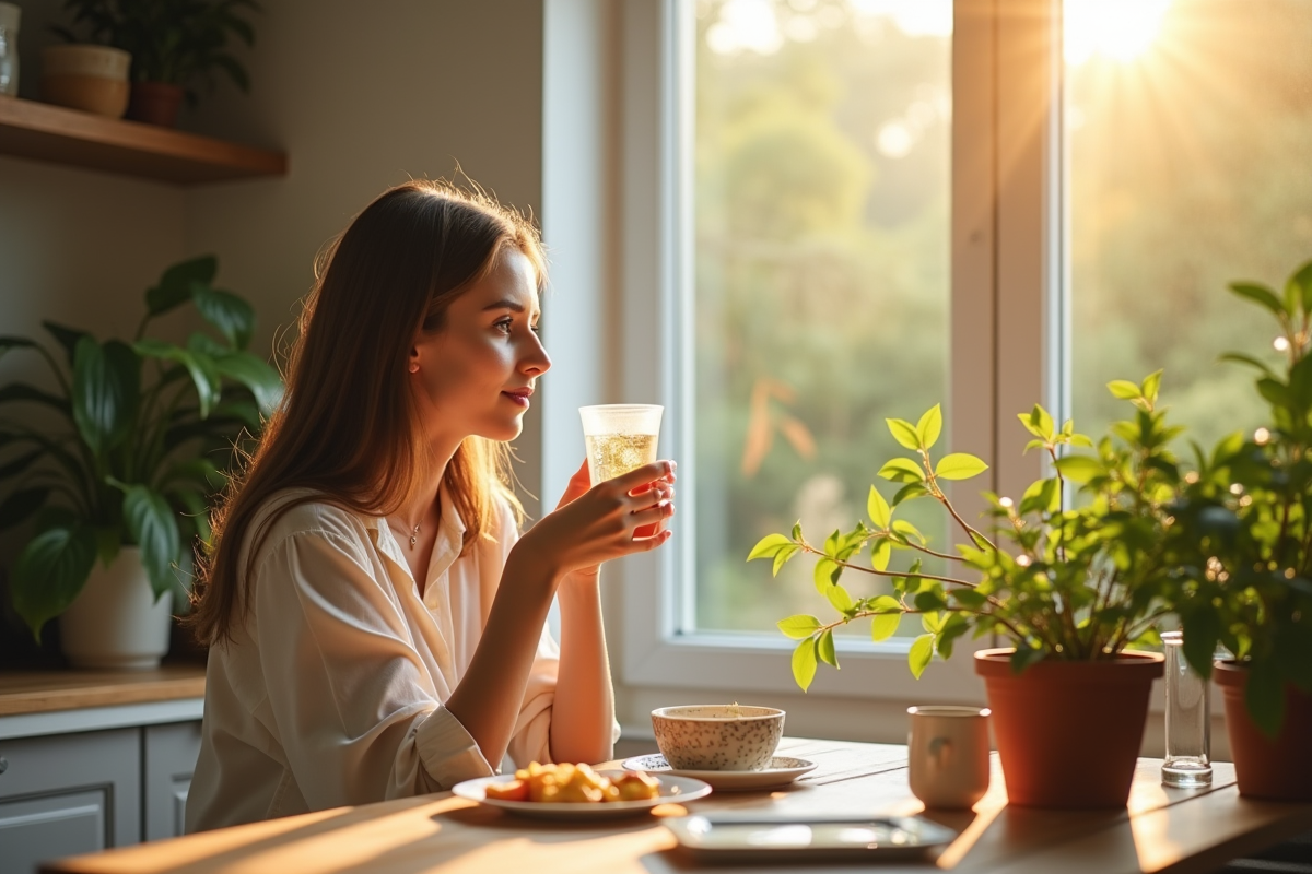 Jeune femme buvant une tisane dans une cuisine lumineuse