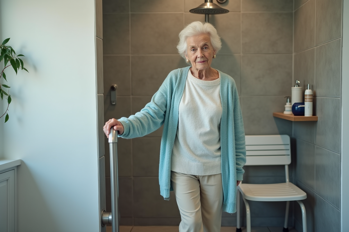 Femme âgée dans une salle de bain accessible et sécurisée