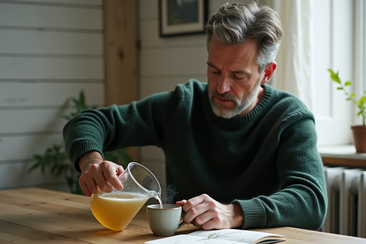 Homme versant de la sève de bouleau fraîche dans une tasse en céramique avec un carnet de récolte ouvert sur une table en bois