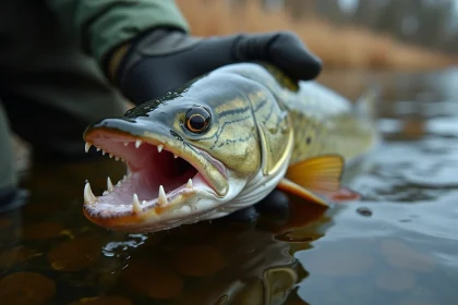 Gueule ouverte d'un brochet tenu par un pêcheur avec des gants, montrant ses dents acérées et dangereuses