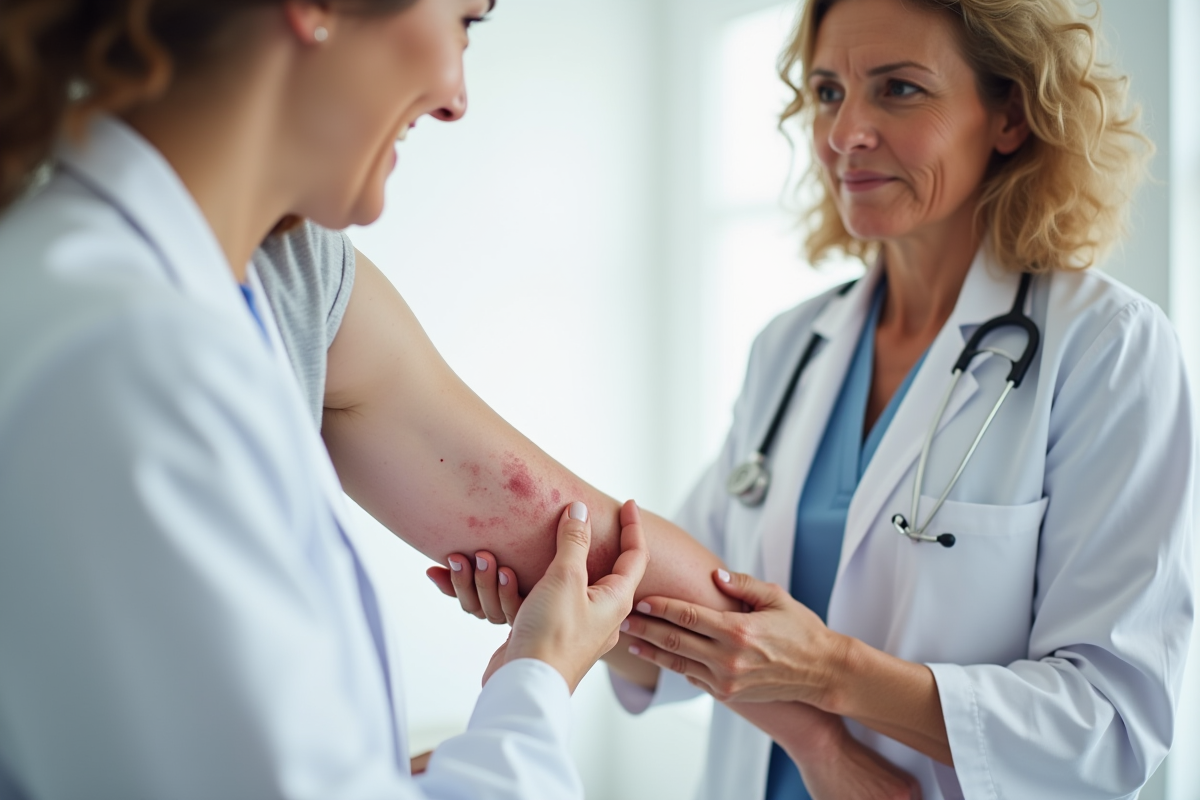 Médecin examinant le bras d'une femme avec eczéma et psoriasis