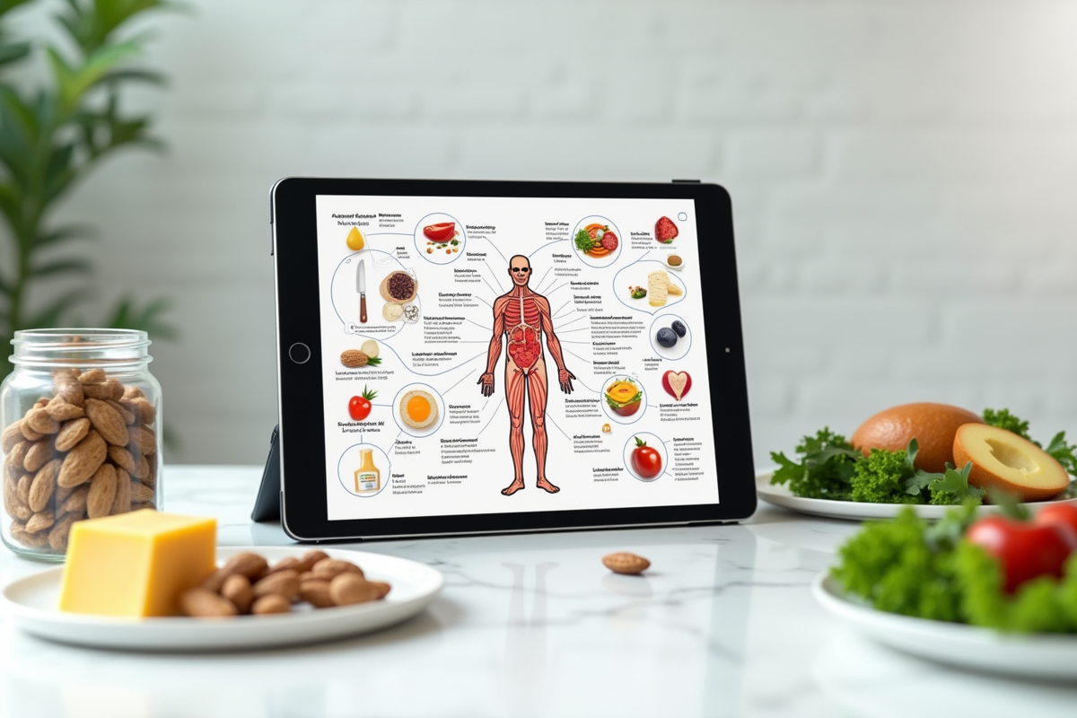 Diagramme médical sur une tablette montrant le corps humain et la digestion