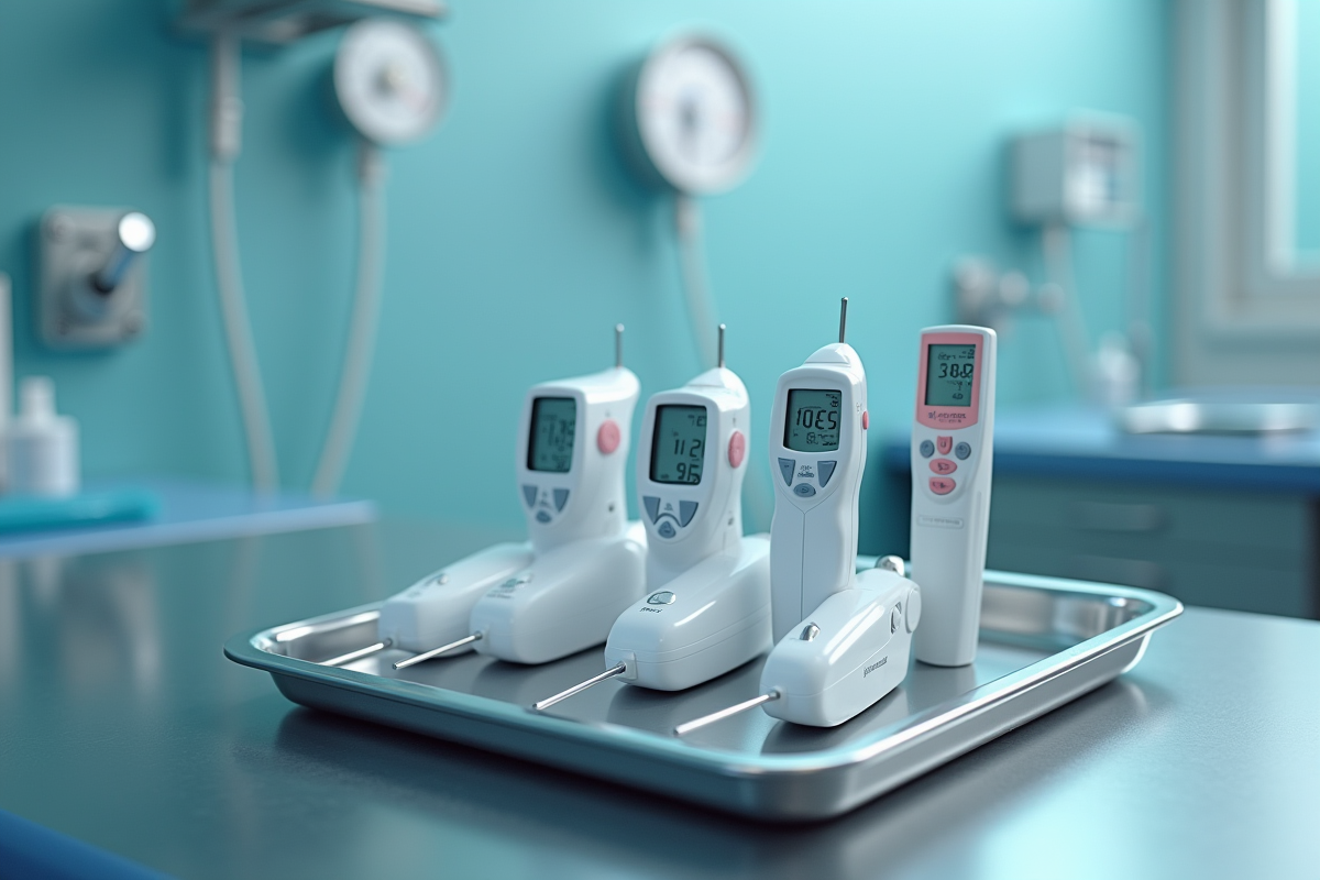 Plusieurs types de thermomètres hospitaliers sur un plateau médical