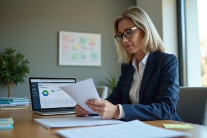 Directrice d'EHPAD révisant une check-list de migration vers NETSoins sur un bureau administratif moderne