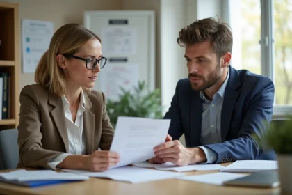 Femme d affaires discutant avec un sp&eacute;cialiste en sant&eacute; au travail