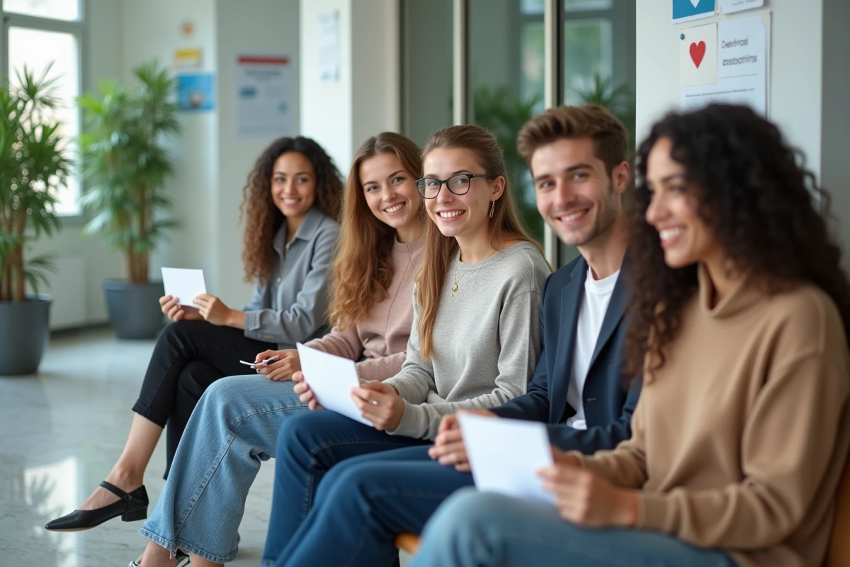 Groupe de donneurs souriants dans une salle d attente hospitalière
