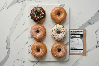 Vue aérienne de six donuts Krispy Kreme variés sur marbre blanc avec étiquette nutritionnelle manuscrite indiquant les calories
