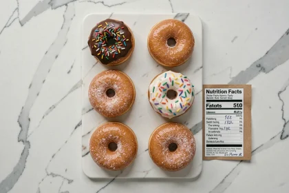 Vue aérienne de six donuts Krispy Kreme variés sur marbre blanc avec étiquette nutritionnelle manuscrite indiquant les calories