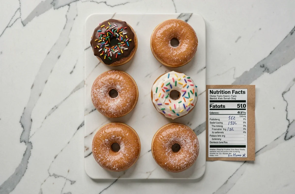Vue aérienne de six donuts Krispy Kreme variés sur marbre blanc avec étiquette nutritionnelle manuscrite indiquant les calories