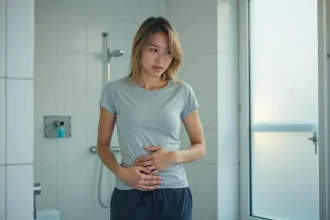 Femme tenant sa main sur l'aine droite et le bas-ventre, expression de gêne légère, dans une salle de bain moderne