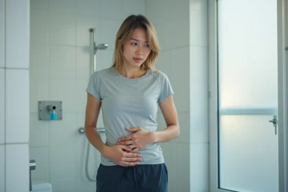 Femme tenant sa main sur l'aine droite et le bas-ventre, expression de gêne légère, dans une salle de bain moderne