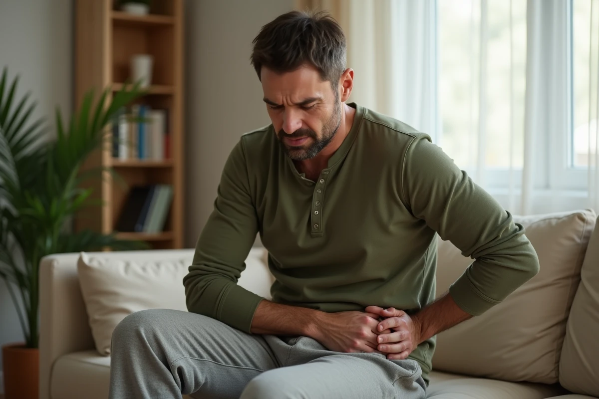 Homme assis sur un canapé se tenant l'aine droite avec une expression de douleur discrète