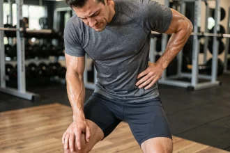 Homme tenant son bas du dos gauche avec une expression de douleur après une séance de sport en salle de fitness