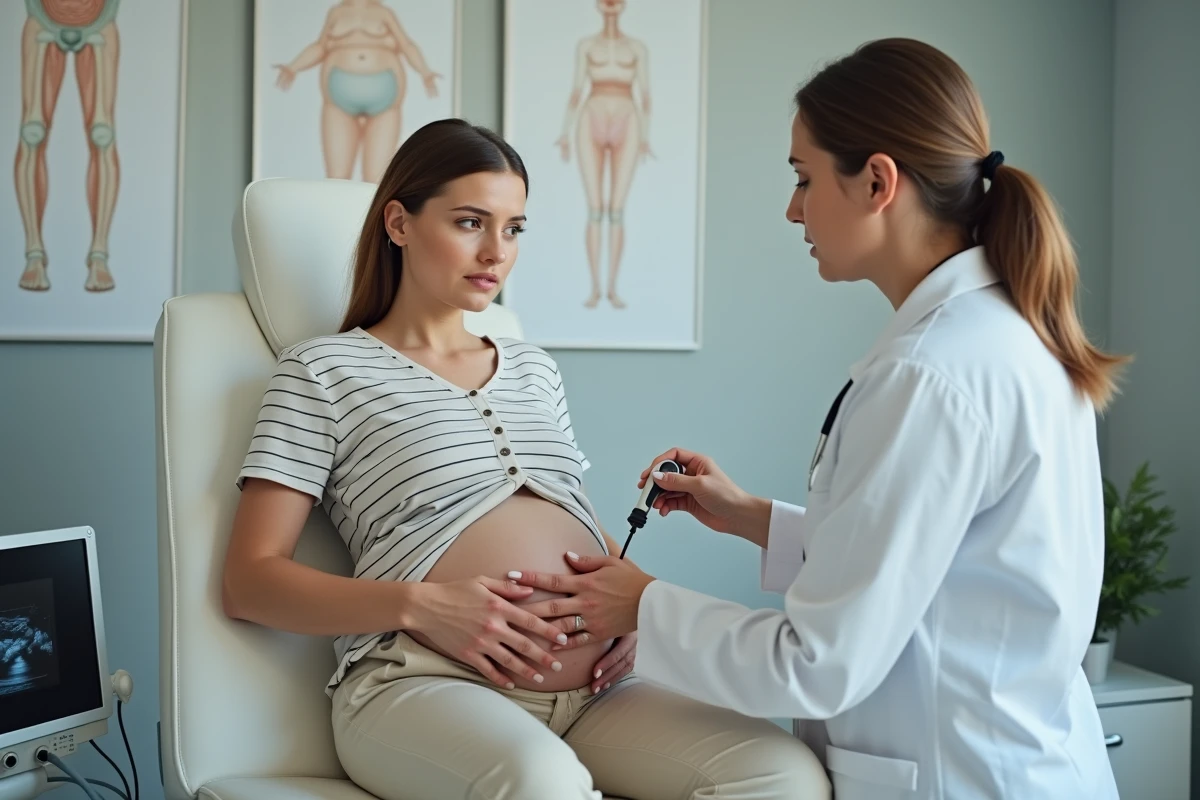 Médecin réalisant une échographie Doppler sur la jambe d'une femme enceinte dans un cabinet médical pour diagnostiquer une insuffisance veineuse saphène