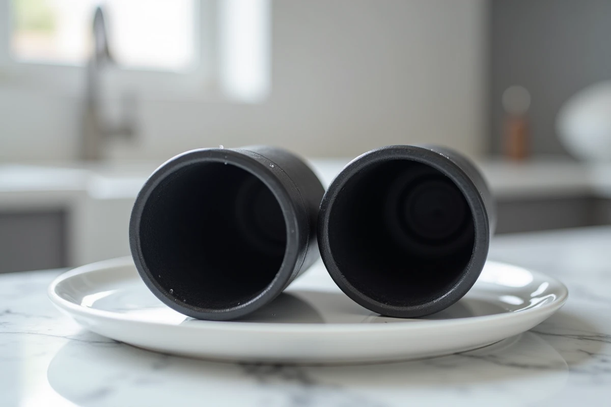 Gros plan sur les éléments filtrants en céramique noire d'un filtre Berkey posés sur une assiette blanche