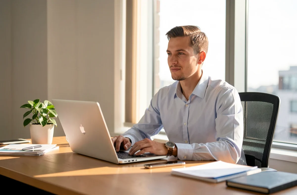 Employé de bureau à son poste de travail dans la lumière du matin