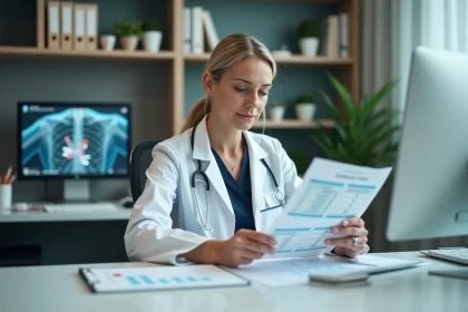 Endocrinologue femme analysant un bilan phosphocalcique avec résultats d'analyses hormonales sur son bureau médical