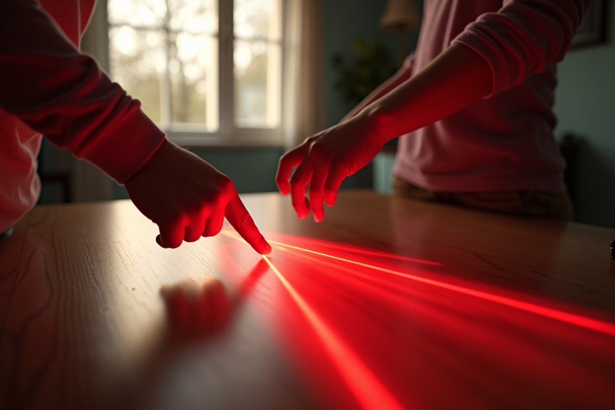 Enfant sur le point de toucher un laser rouge dans une maison