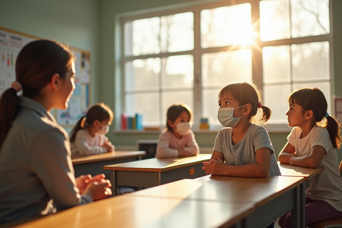 Enfants d'école avec enseignant dans une classe lumineuse