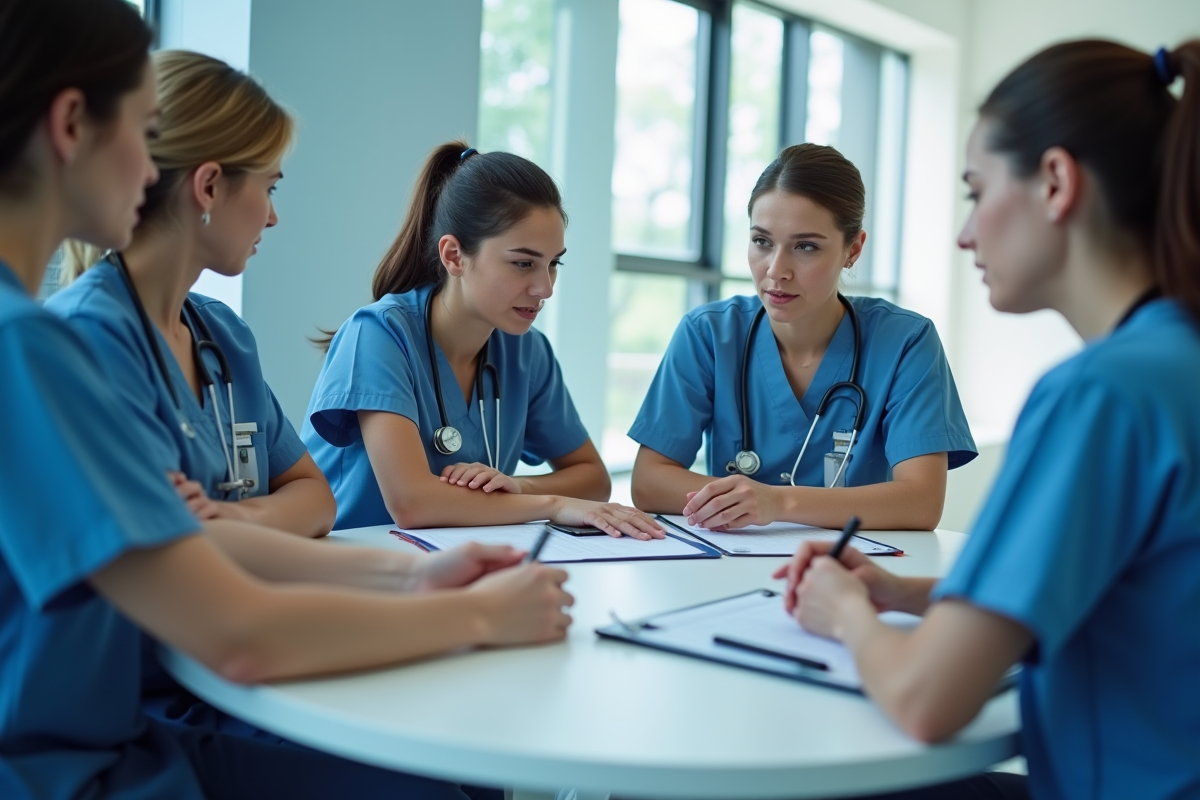 Groupe d infirmieres discutant autour d une table de soins