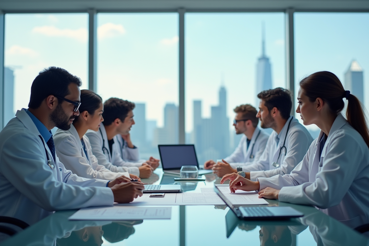 Equipe médicale diverse en réunion avec skyline en arrière-plan