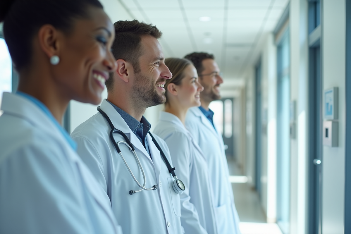 Equipe de professionnels de santé souriants dans un hôpital