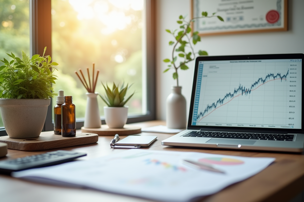 Espace de travail avec ordinateur et remèdes naturels pour naturopathie
