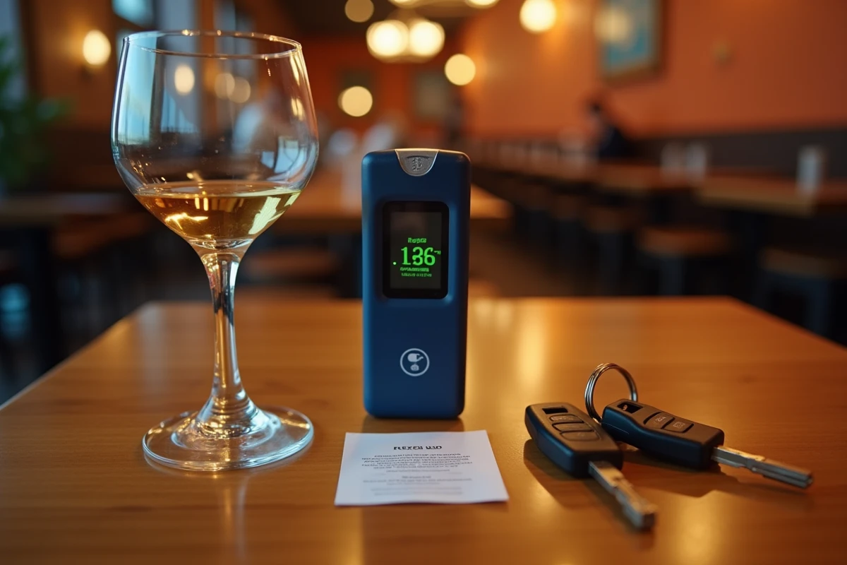 Éthylotest posé sur une table de restaurant à côté d'un verre de vin et de clés de voiture, illustrant le seuil de 0,5 g/l