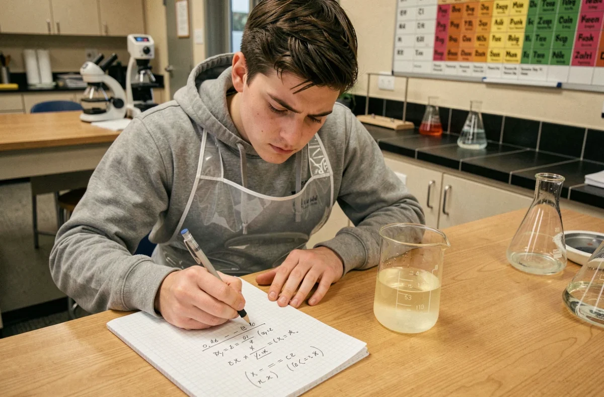 Étudiant en chimie calculant la concentration d'une solution diluée avec des notes manuscrites et un bécher en salle de TP