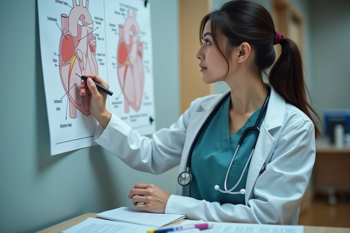 Étudiante en médecine étudiant le schéma des quatre foyers d'auscultation cardiaque dans une salle d'étude hospitalière