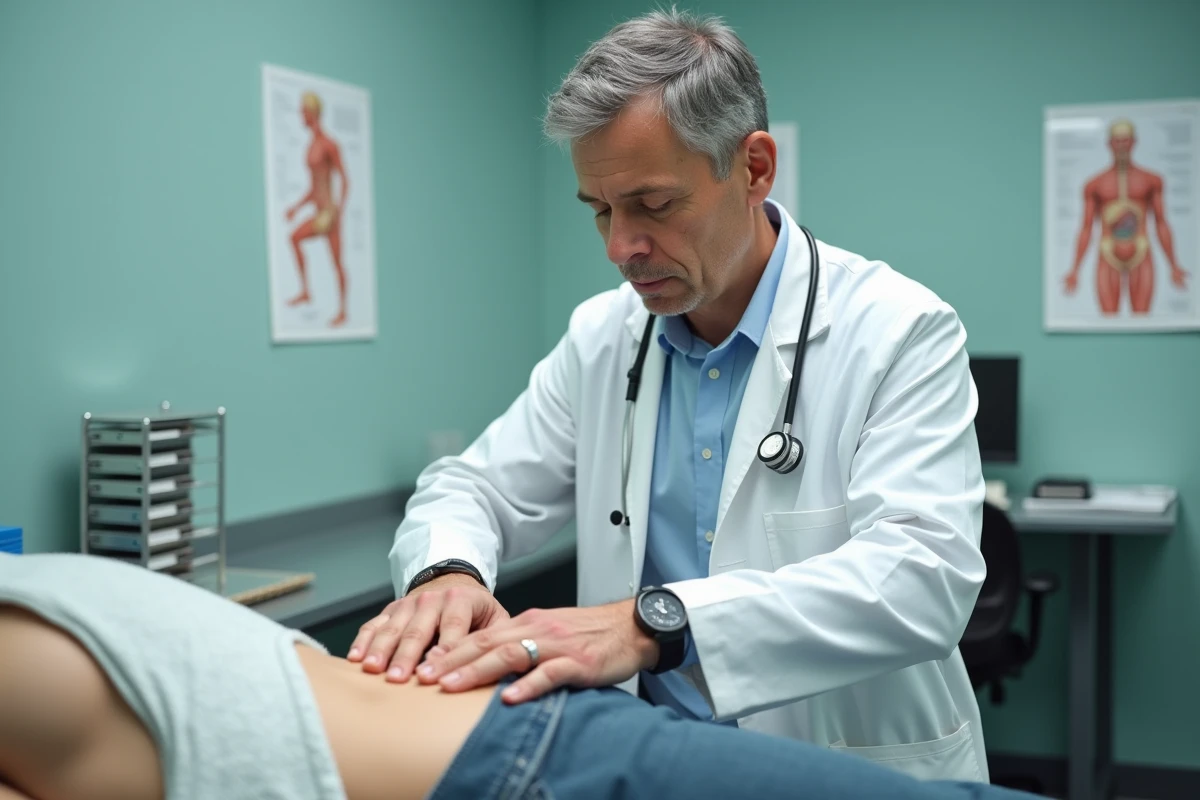Médecin généraliste examinant les ganglions inguinaux d'un patient lors d'une consultation clinique
