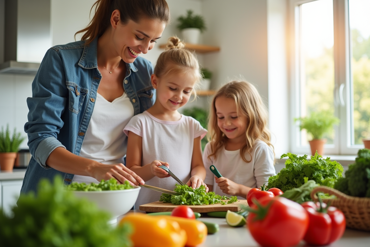 Famille préparant une salade dans une cuisine lumineuse et moderne