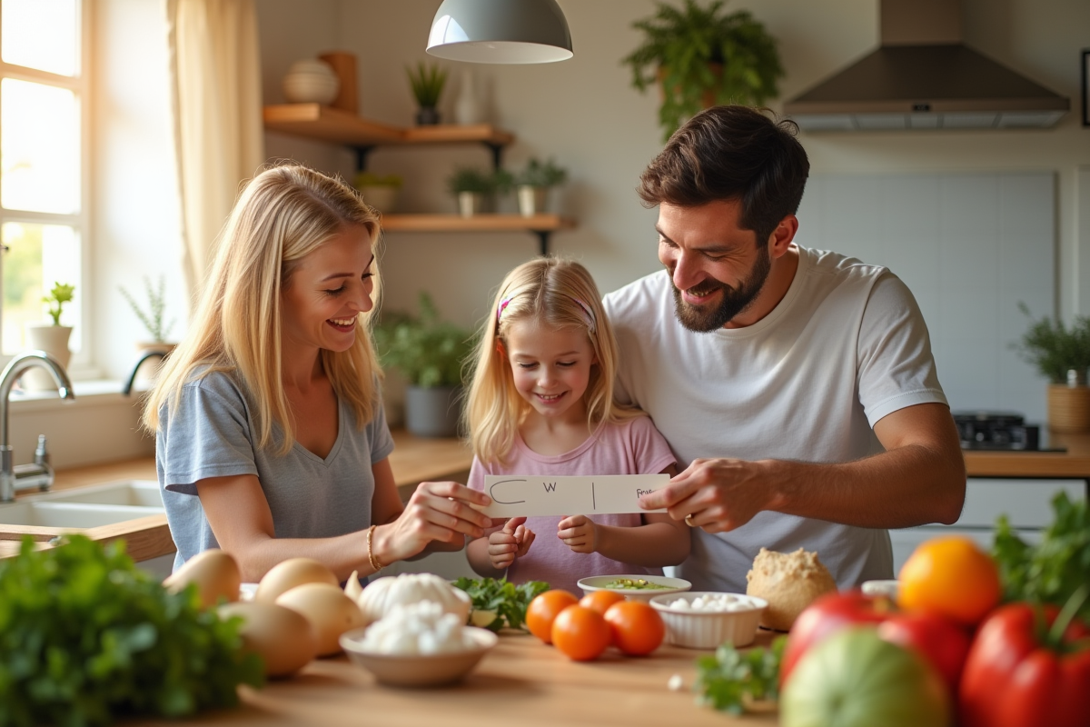 Famille vérifiant les dates de péremption dans la cuisine ensoleillée