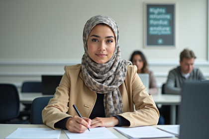 Jeune femme maghrebine au bureau de la s&eacute;curit&eacute; sociale