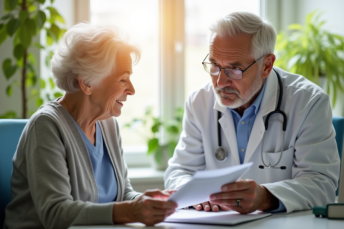 Femme agee en consultation avec un medecin dans un cabinet lumineux