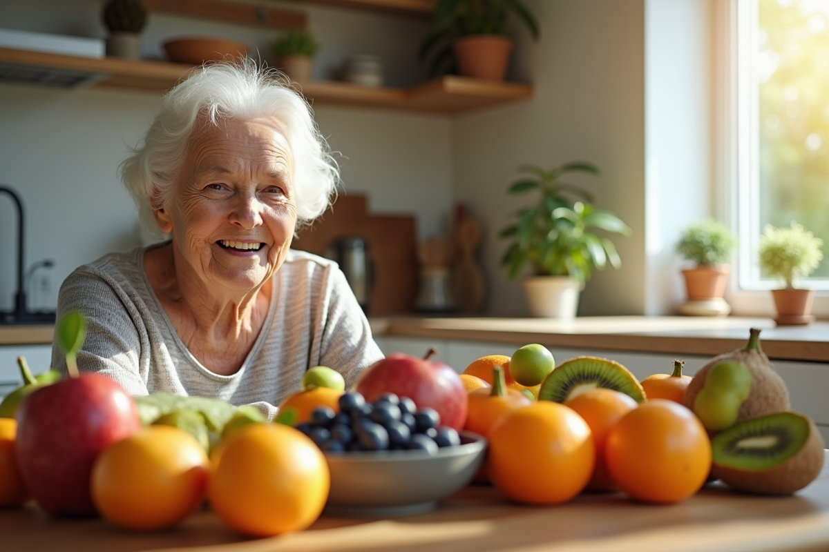 Femme agee souriante avec fruits frais dans la cuisine