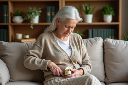 Femme &acirc;g&eacute;e appliquant un baume herbal dans un salon chaleureux