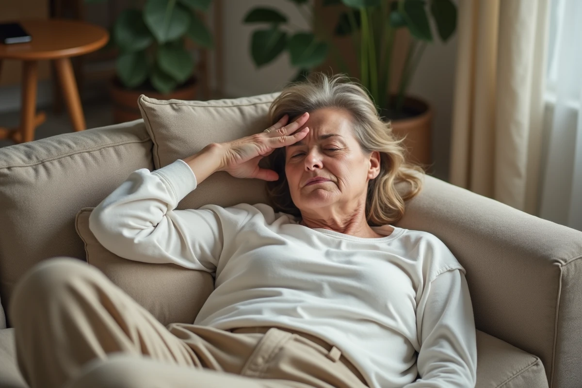 Femme allongée sur un canapé avec une sensation de tête lourde et de vertiges, illustrant la fatigue chronique et la quête d'équilibre au quotidien