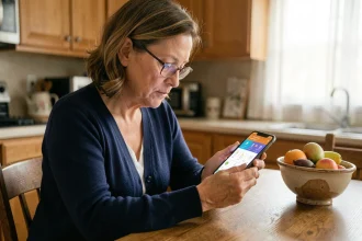 Femme diabétique consultant une application de suivi du diabète sur smartphone à la maison