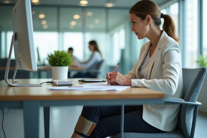 Femme d'affaires avec genou en brace au bureau