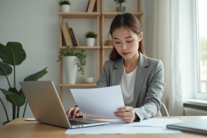 Femme consultant le prix du programme Reborn21 sur son ordinateur portable dans un bureau moderne