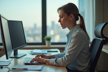 Femme au bureau en position inconfortable pour le titre