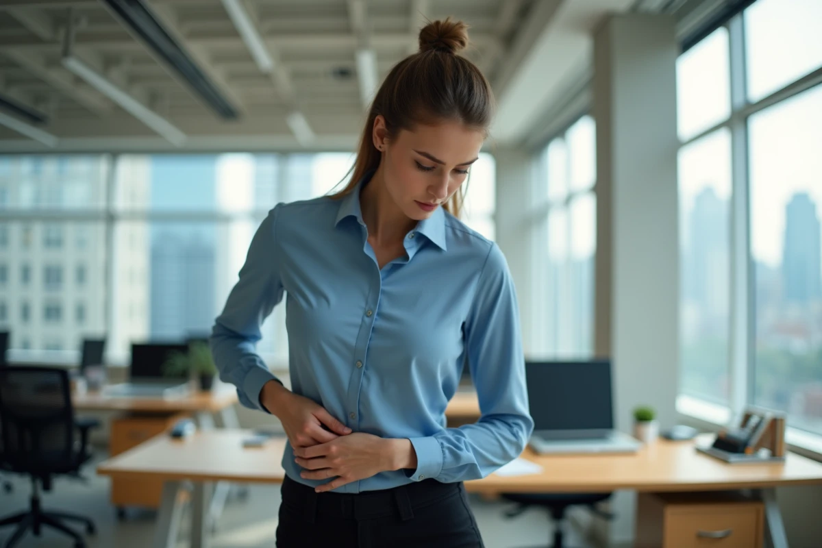Jeune femme au bureau se tenant la côte