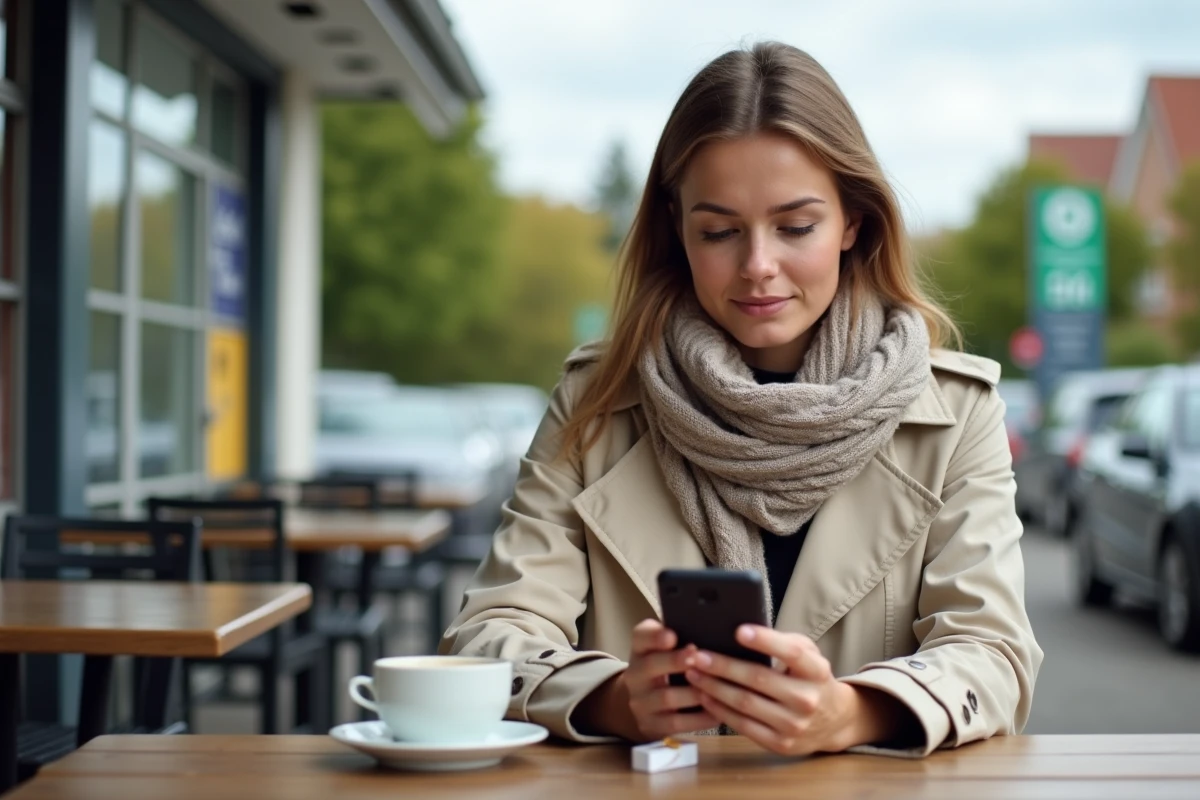 Jeune femme au caf&eacute; en terrasse pr&egrave;s d