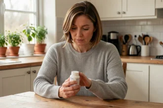 Femme lisant l'étiquette d'un complément alimentaire Lumilean dans sa cuisine